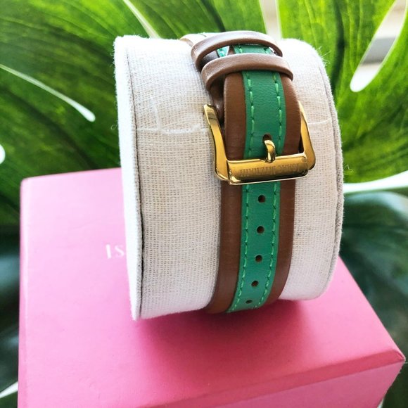 Issac Mizrahi Gold Tone Watch with Green/Tan Band - Picture 2 of 5